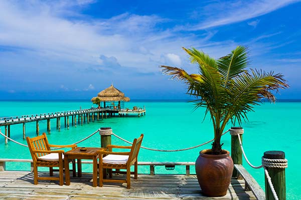 Cafe on the beach, ocean and sky