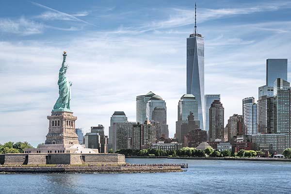 The Statue of Liberty with One World Trade Center background, Landmarks of New York City, USA